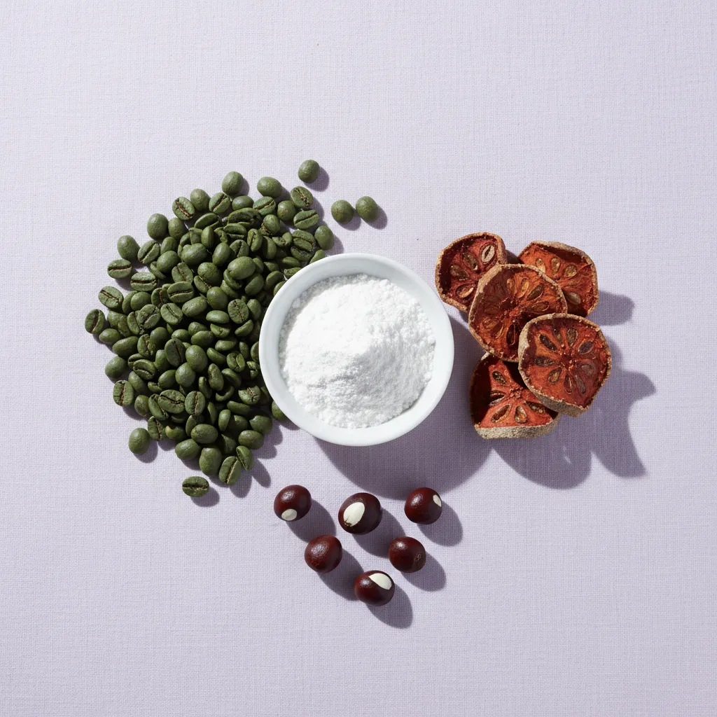 Green coffee beans, garcinia cambogia rinds, guarana seeds and L-carnitine powder flat-lay - ingredients in Wellaray Coffee L-Carnitine coffee drink food supplement