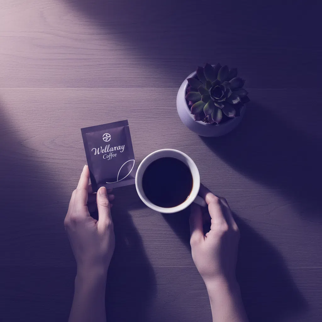 Morning sachet routine - hands placing a Wellaray Coffee sachet beside a white cup on a wooden table